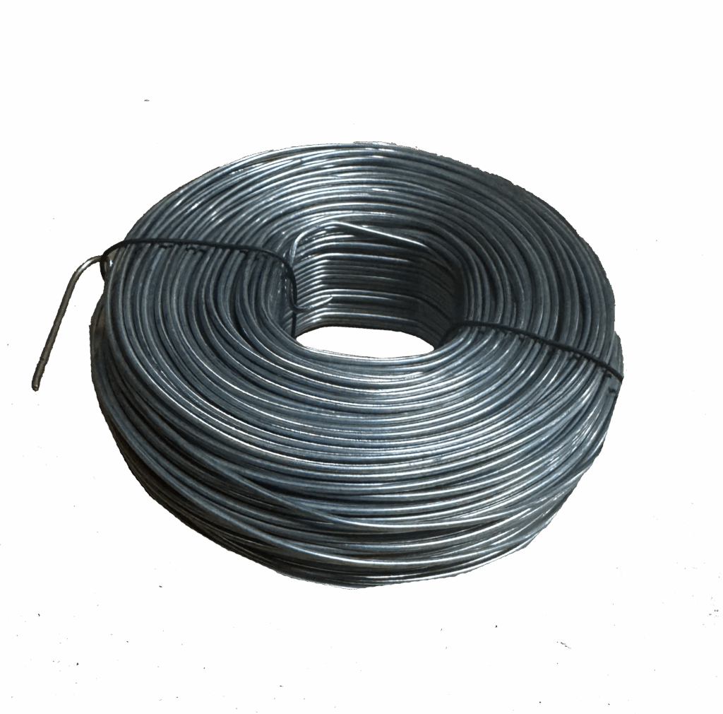 Coil of galvanized annealed tie wire used for bundling and securing materials.