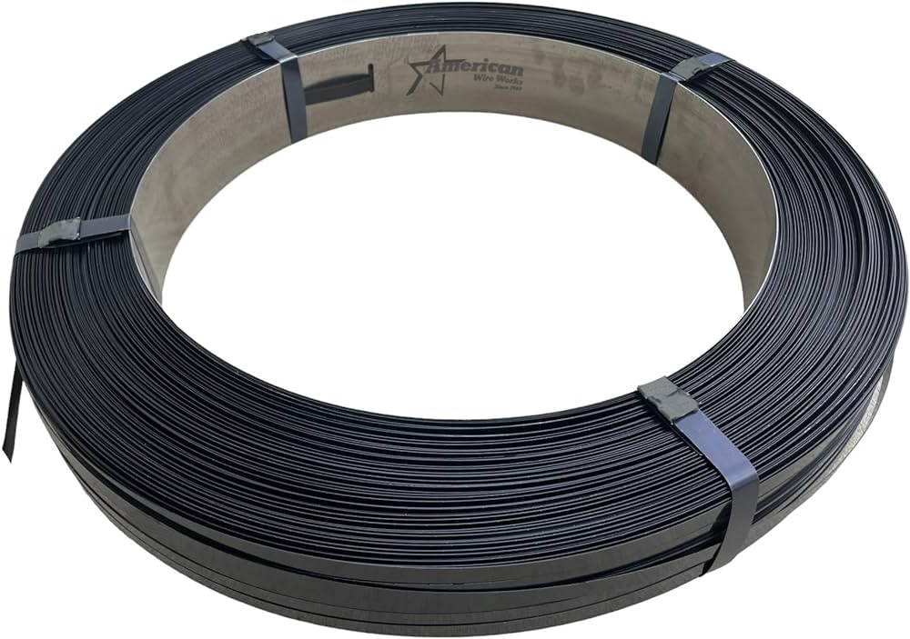Coil of black steel banding secured with metal straps