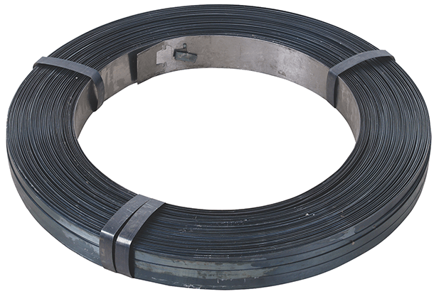 Black steel strapping coil, used for securing heavy loads in shipping and industrial applications.